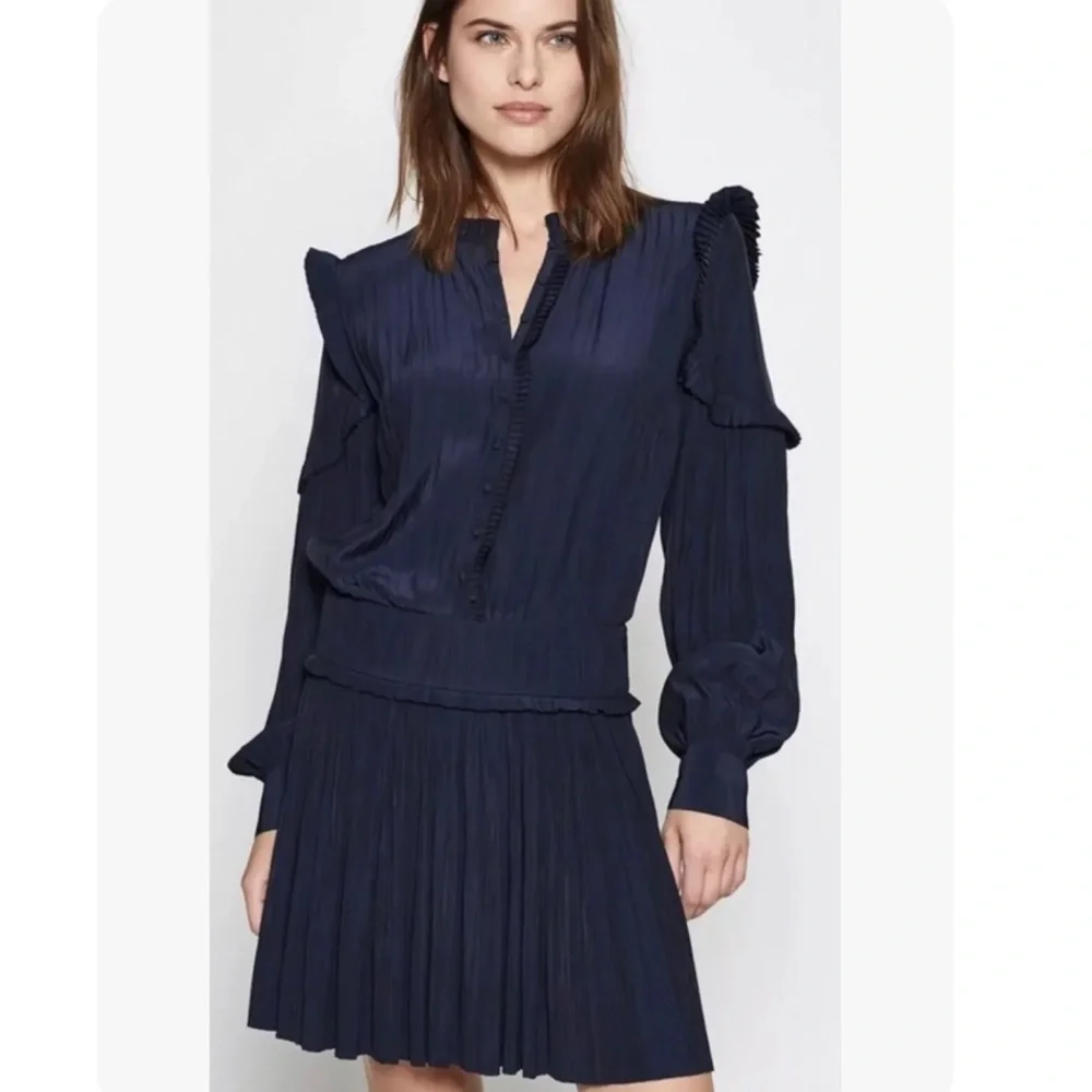 Joie Jazelle Pleated Ruffle Flounce Dress Navy, Size 4 - Picture 3 of 17